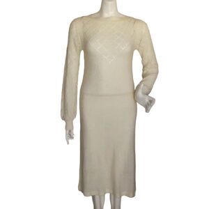 Vintage Knit Midi Dress, S, Ivory Acrylic, Long sleeves, Pointelle, 70s